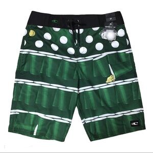 O’Neill St. Paddy’s Beer Pong Green Solo Cup Board Shorts Size 31 NEW